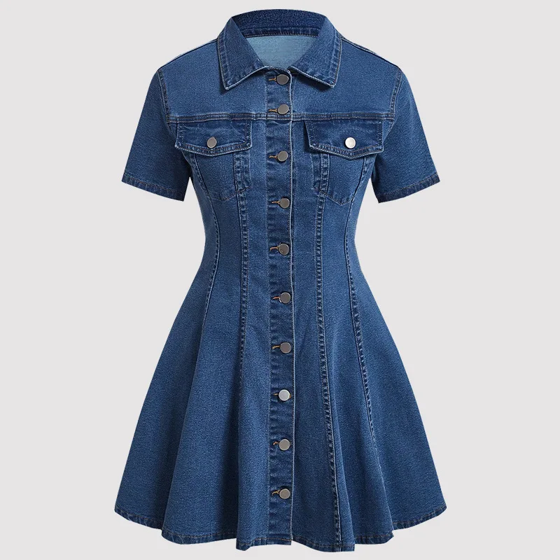 

Women's Solid Color Denim Shirt Dress Short Sleeve Collared Button Front Flared Mini Gown Casual Daily Outfit Dating & Hangout