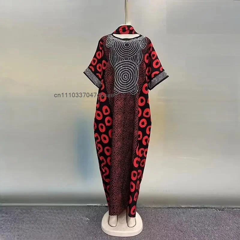 Luxury Glossy Satin African Dress Rhinestone Embellished Geometric Circle Dot Print Costume Turban Wedding Party Maxi Dresses