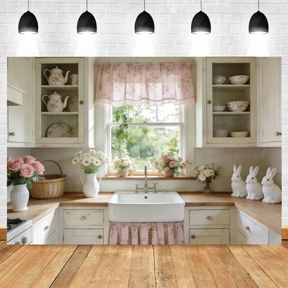 Easter Kitchen Scene Backdrop Kitchenware Cabinets Washbasins Flowers Easter Room Decor Festival Party Photography Background
