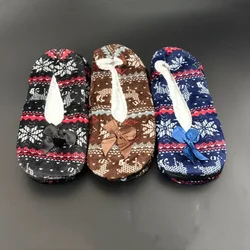Christmas Home Slipper Women Bow Knot Snowflake Winter Warm Thick Fur Grip Cute Funny Indoor House Fluffy Female Floor Shoe Gift