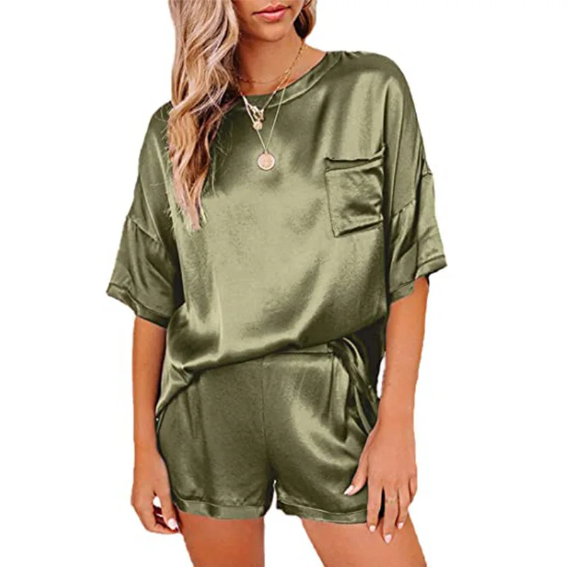 Women's New Solid Color Imitation Silk Sleepwear Short Sleeved Shorts Irregular Two-piece Set Solid Color Home Set