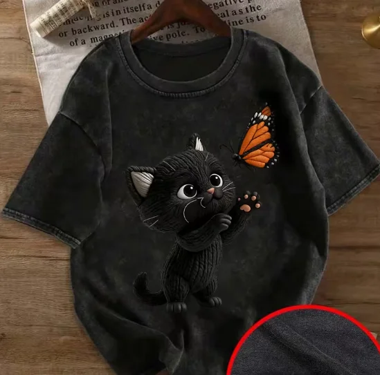 T-shirt de la série Healing, motif chat brodé imitation animal mignon, col rond, manches courtes, coupe ample rétro, effet délavé vintage