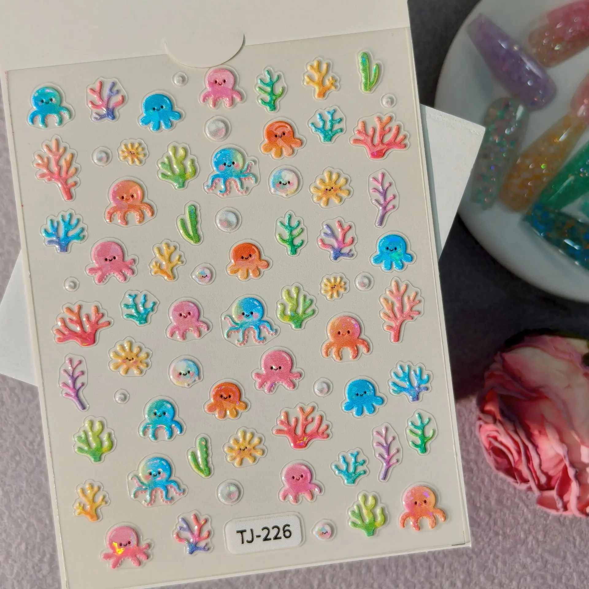 1 Set 5D Embossed Summer Ocean Nail Stickers Aurora Marine Animal Kids Self Adhesive DIY Manicure Nail Art Decor Ornaments