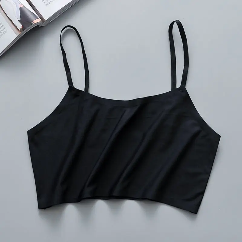 Women Girls Summer Ice Silk Crop Top Spaghetti Strap Seamless Bralette Solid Color Wire Free No Padded Basic Stretch Camisole