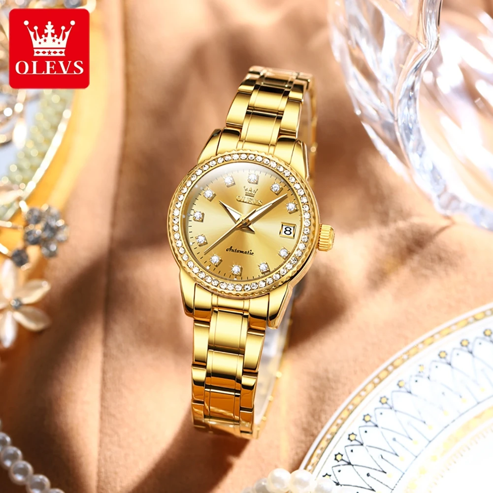 OLEVS Original New Automatic Mechanical Watch for Women Luxury Diamond Dial Fashion Elegant Ladies Dress Bracelet Wristwatches