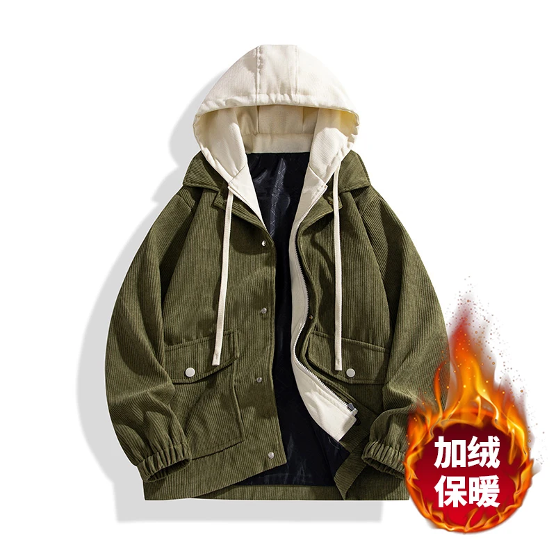 

Men Fake Two-Piece Trendy Cotton Jackets Men Baseball Jacket College Style Couple Style Thin/fleece Hooded Cardigan Jacket