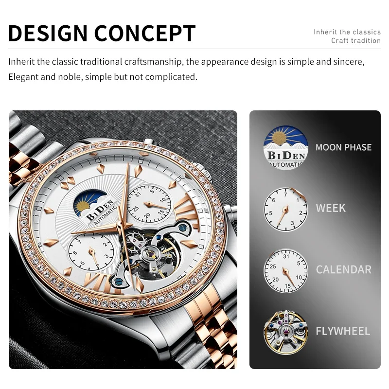 BIDEN Luxury Brand Men's Automatic Mechanical Watch Waterproof Solid Steel Strip Business Style Men's Clock Factory Direct Sales