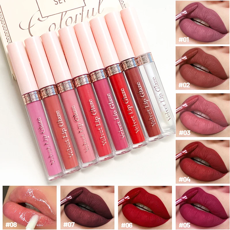Juego de lápiz labial líquido mate, 7 colores, brillo de labios duradero e resistente al agua, esmalte de labios de taza antiadherente, tinte de labios mate de terciopelo