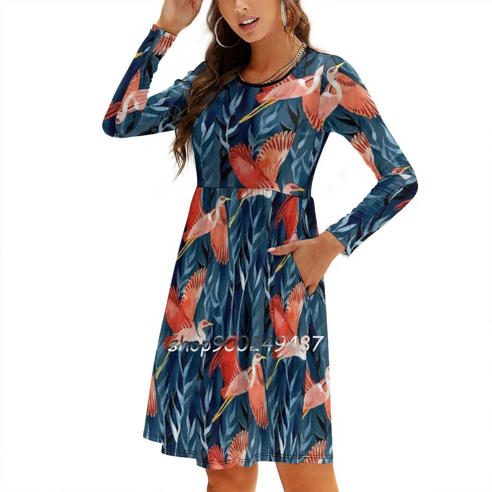 Birds And Reeds In Red And Blue Long Sleeve Sexy Dresses For Women 2022 Ladies Vintage Elegant Party Dress Egret Birds Micklyn image 4