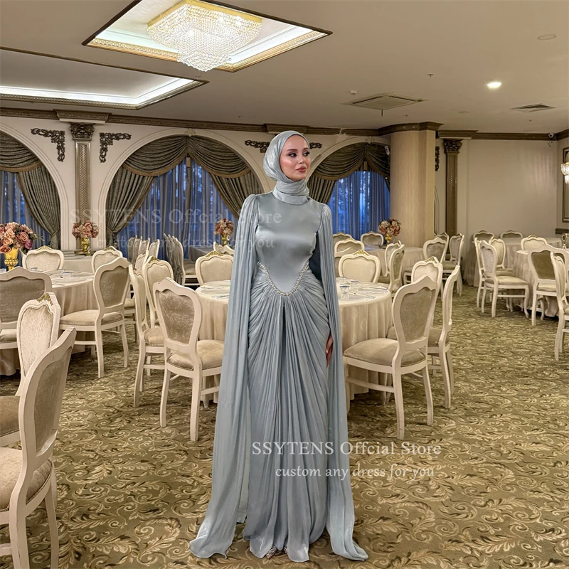 Gaun Malam Satin Sutra Sederhana SSYTENS dengan Lengan Cape Panjang, Kerah Tinggi, Gaun Prom Muslim Mewah, Gaun Prom Dubai yang Dapat Disesuaikan
