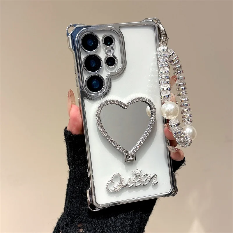 Bling Love Diamond Mirror Bracket Case For Samsung Galaxy S26 Ultra S22 S23 S24 S25 Plus A35 A55 A54 Plating Armor Strap Cover
