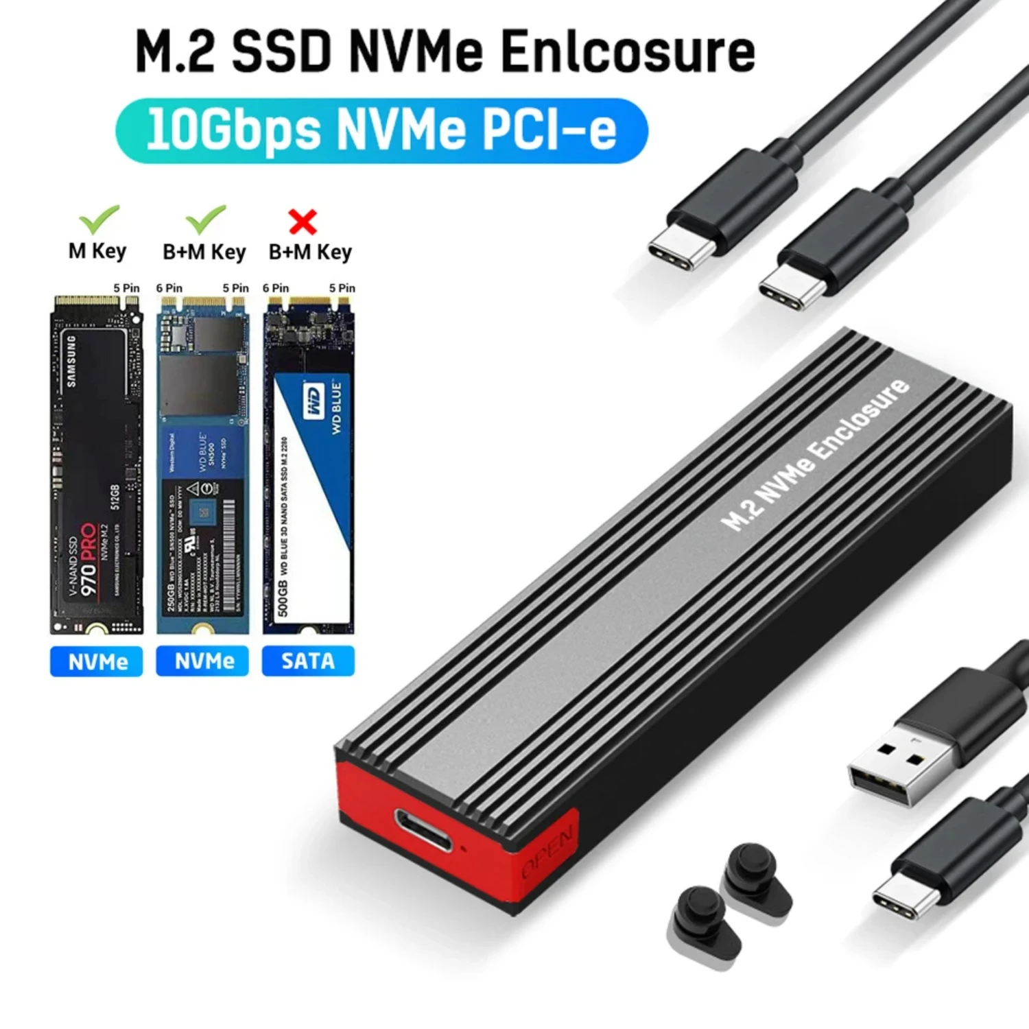 M2 NVMe SSD Enclosure 10Gbps PCIe SSD Case Portable Box USB C 3.2 Gen2 Tool Free External Adapter with Heat Sink Pad  M.2 SSD