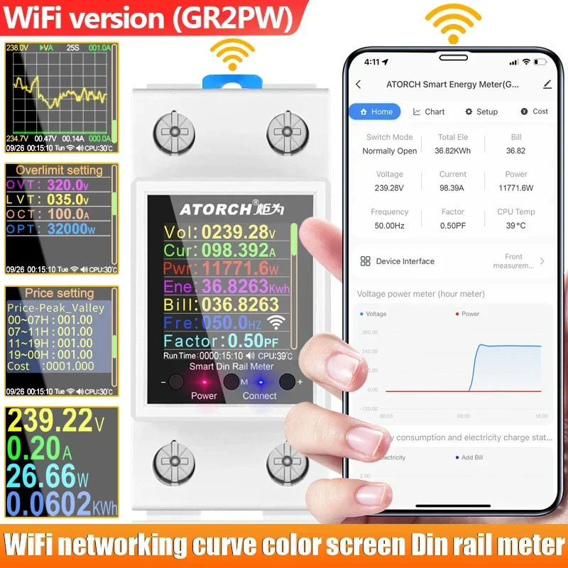 GR2PWS Smart Electricity Meter Tuya WiFi Din Rail Power Energy Meter AC50-320V Digital Display Monitor Voltage Curve Ammeter