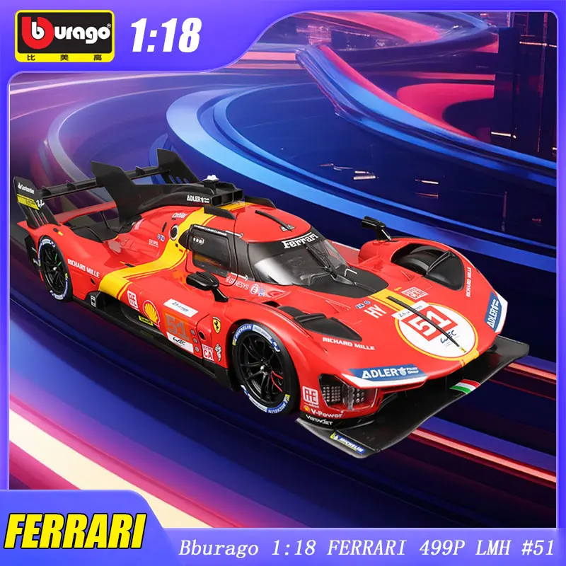 

1:18 Bburago Ferrari 499P LMH #51 Le Mans Model Car Racing Rally Champion Alloy Luxury Vehicle Toy Fans Collection Wec Display