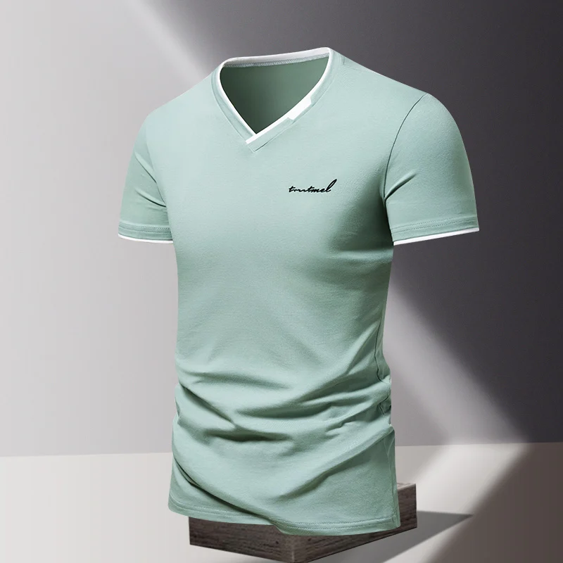 T-shirt à manches courtes et col en v pour hommes, en pur coton, de sport et de loisirs, tendance et simple, chemise de base de couleur unie, 2024