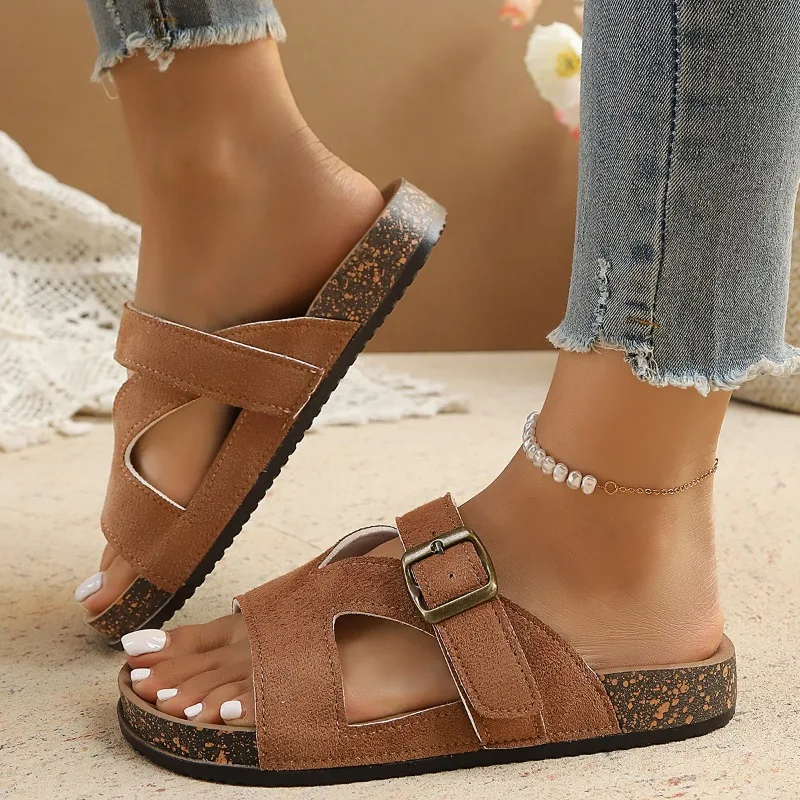 

Women's Fashionable Cowhide Suede Slippers Men's Wooden Clogs with Cork Insoles Sandals with Arch Support Outdoor Beach Slippers