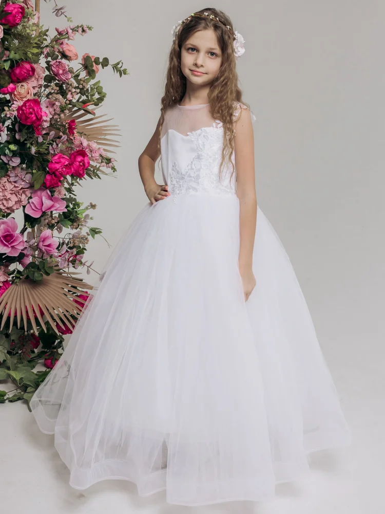 White Flower Girl Dress Tulle Puffy Appliques Sleeveless For Wedding Party Birthday First Communion Gowns