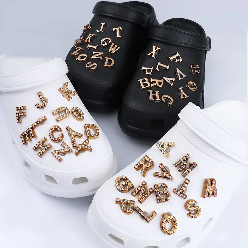 2Pcs Shoe Charms Flat Gold Letters Charms Fits Clog Sandals Decoration For Women DIY Hole Shoes Accessories Buckle