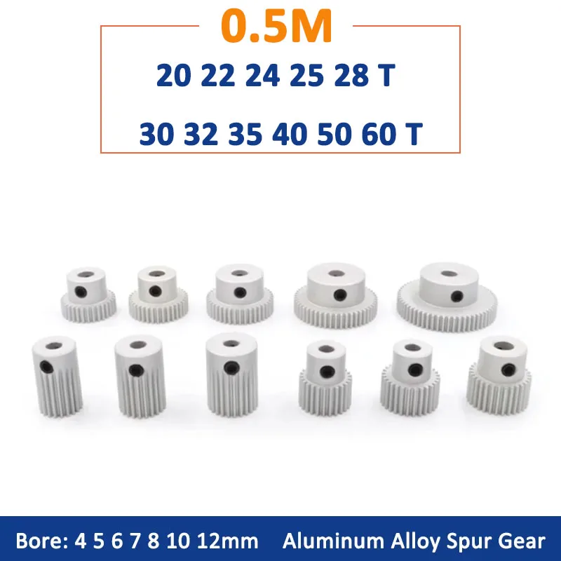 

1pc 20T-60T 0.5M Aluminum Alloy Spur Gear with Step 0.5 Module 20 22 24 25 28 30 32 35 40 50 60 Teeth Motor Gear Bore 4-10mm