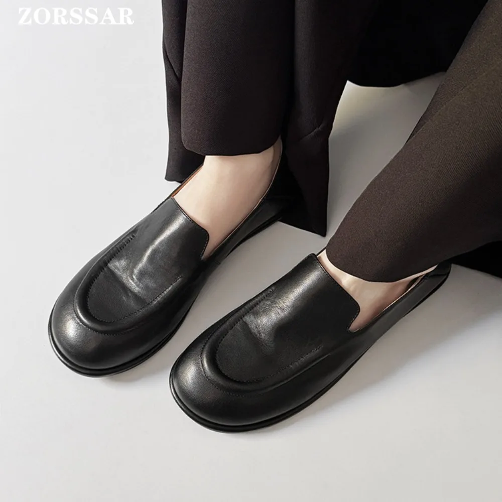 الجلد المدبوغ المتسكعون النساء 2026 ربيع جديد جولة تو قدم واحدة الانزلاق على جلد طبيعي قارب أحذية النساء لينة حذاء مسطح النساء #6