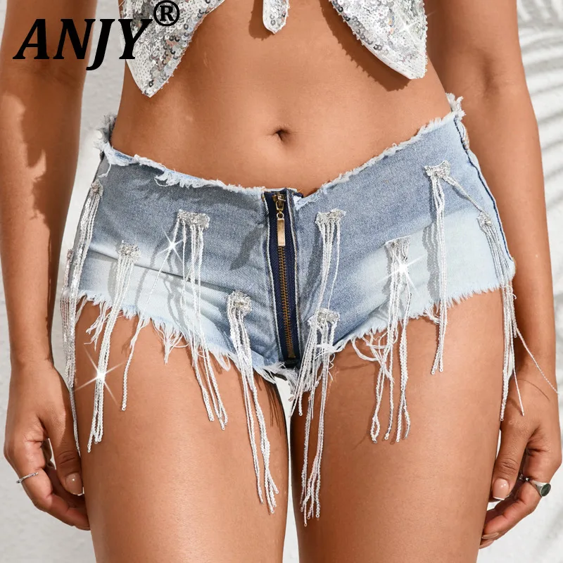 ANJY Summer New Women Stylish Low Waist Hot Girl Sequin Tassel Ripped Denim Shorts Sexy Backless Design Chic Camisole Top A21190