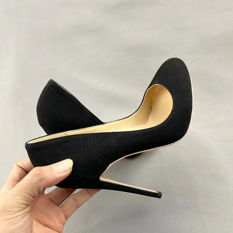 Tikicup Women Flock Suede Round Toe Slip On High Heel Shoes 10cm 12cm Elegant Formal Dress OL Stiletto Pumps Black Grey Brown