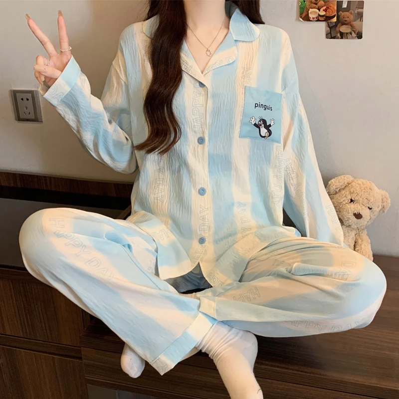 

spring autumn Loose 2 Piece pajamas Women Pyjamas Set stripe printing Tops and Pants Satin cardigan sleepwear Loungewear Outfits