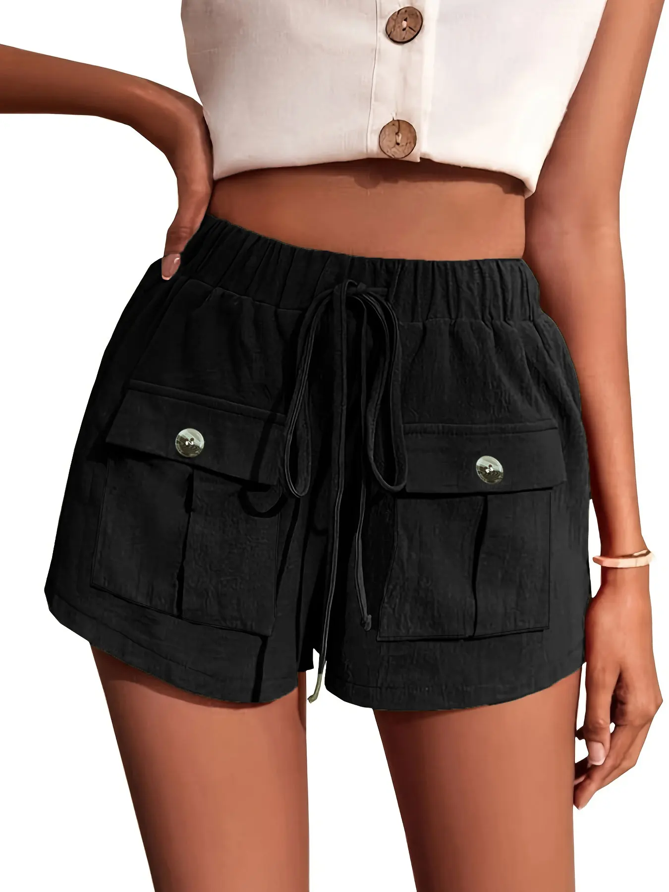 Short d'été décontracté pour femmes, grande taille, couleur unie, Non extensible, jambe droite, cordon de serrage, taille, tissu léger et respirant