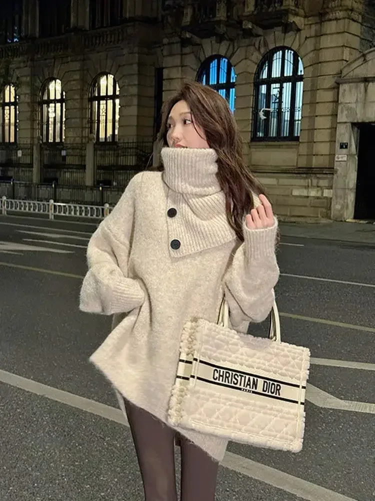 2024 Winter New Maillard Fashion Sweater for Women Winter Loose Unique Knitted Sweater with Detachable Neck for Women