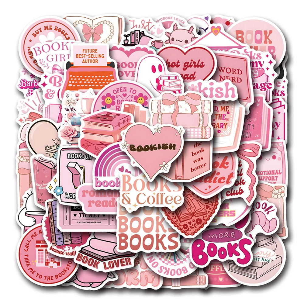 10/30/60/120PCS Cartoon Cute Pink Bookish Reading Book Stickers Aesthetic Decoration DIY Crapbooking Laptop Phone Bottle Decals