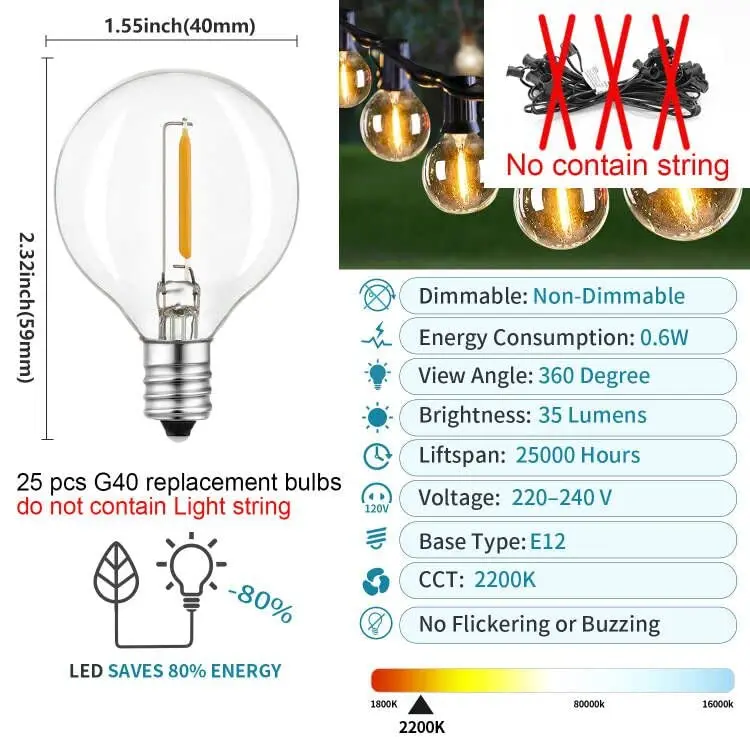 Tira de luces LED G40 de 1W, Bombilla de plástico de repuesto E12, AC220V, DC3V, Blanco cálido, 2200K, reemplazo de bombillas incandescentes de 7W