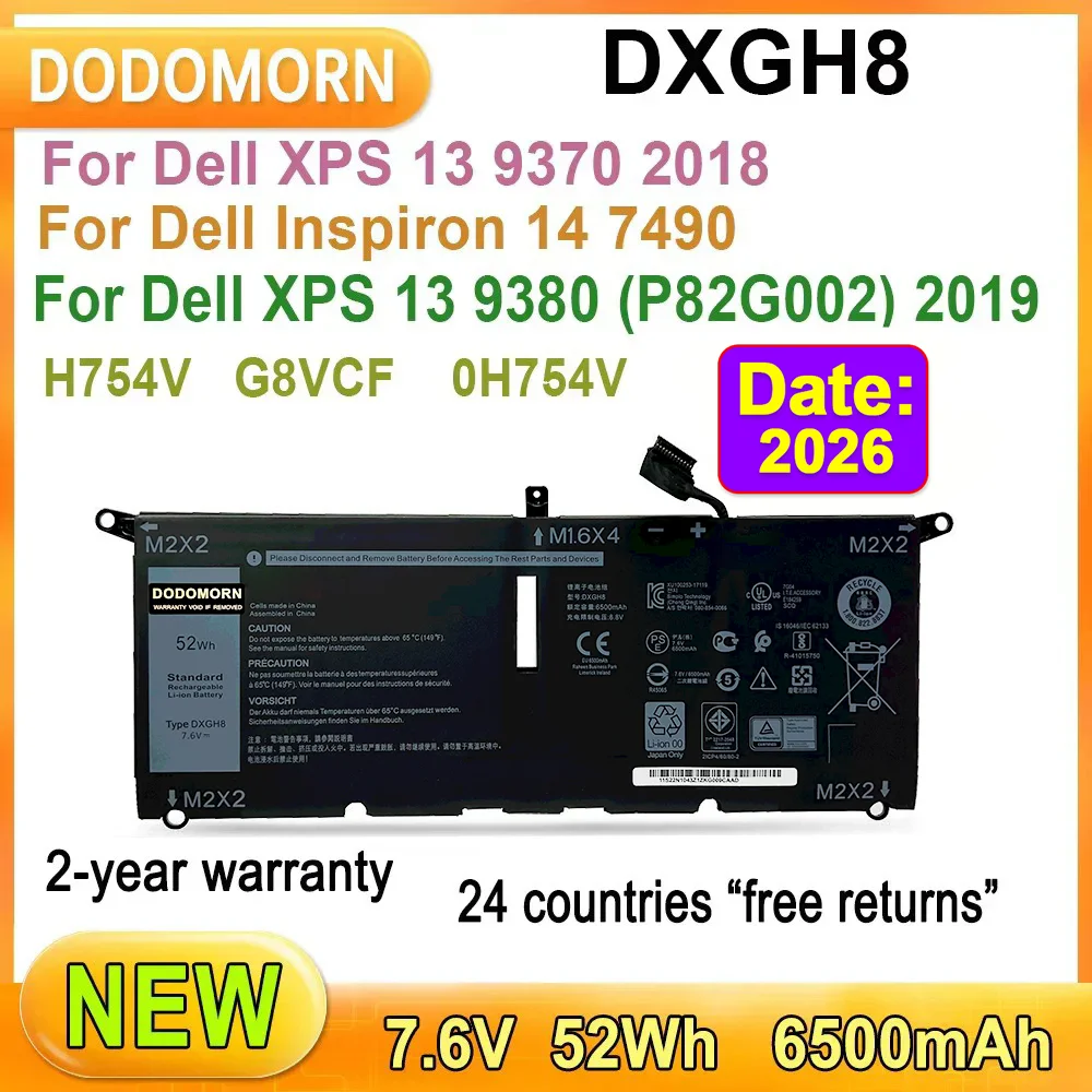 Nueva batería de ordenador portátil DXGH8 para Dell XPS 13 9370 2018,9380 (P82G002) 2019,7390(2019),Inspiron 7390 2 en 1,14 7490,H754V G8VCF 52Wh