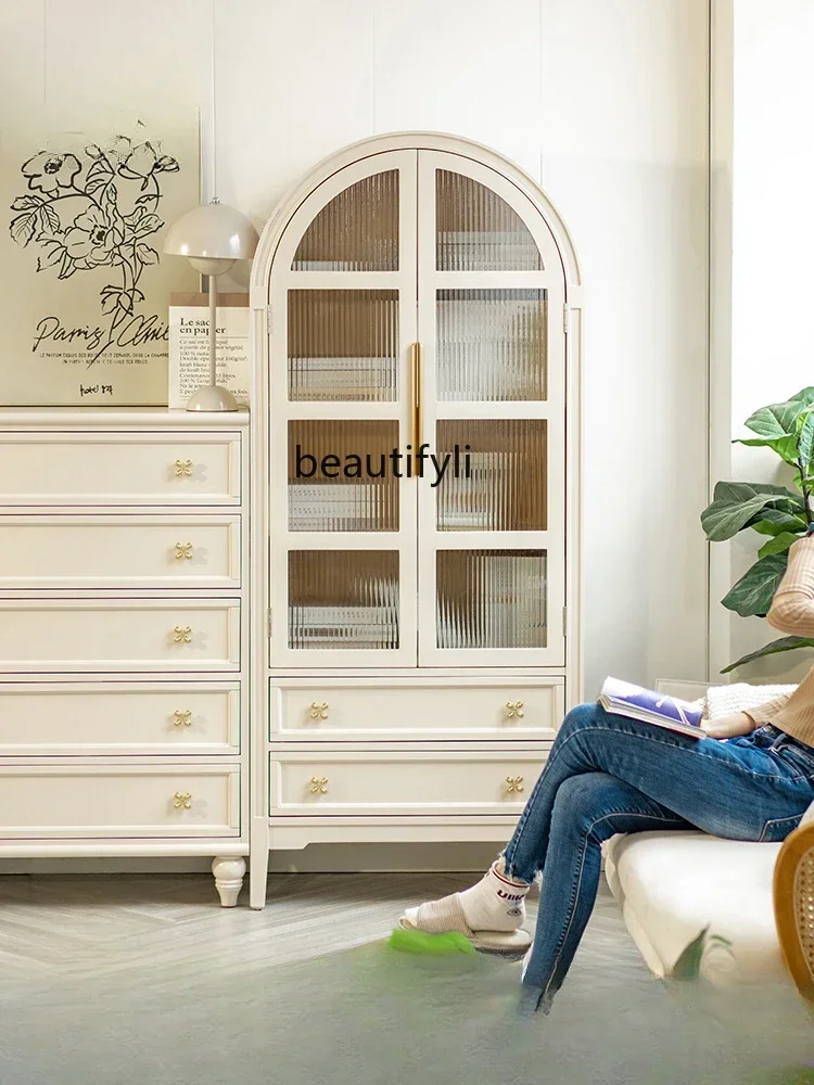 

xx1French Arch with Glass Door Storage Bookcase Living Room Study High Bookshelf Cream Style Display Cabinet