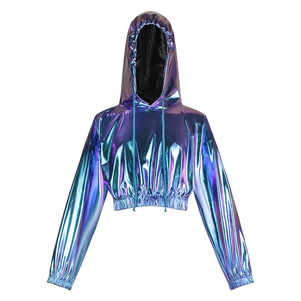 Colorful Laser Hot Stamping Hoodie Cosplay Shiny Leather Sexy Exposed Navel Hooded Long Sleeved Pullover Cosplay Performance