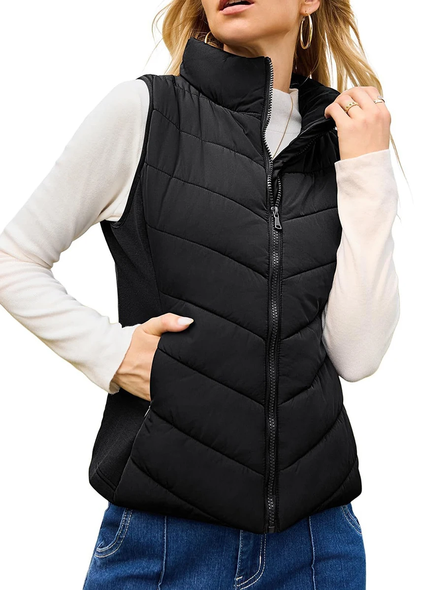 

Solid Warm Women's Puffer Cotton Vest Winter Pocket Zipper Quilted Jacket Fashion New Outerwear Short Sleeveless Waistcoat