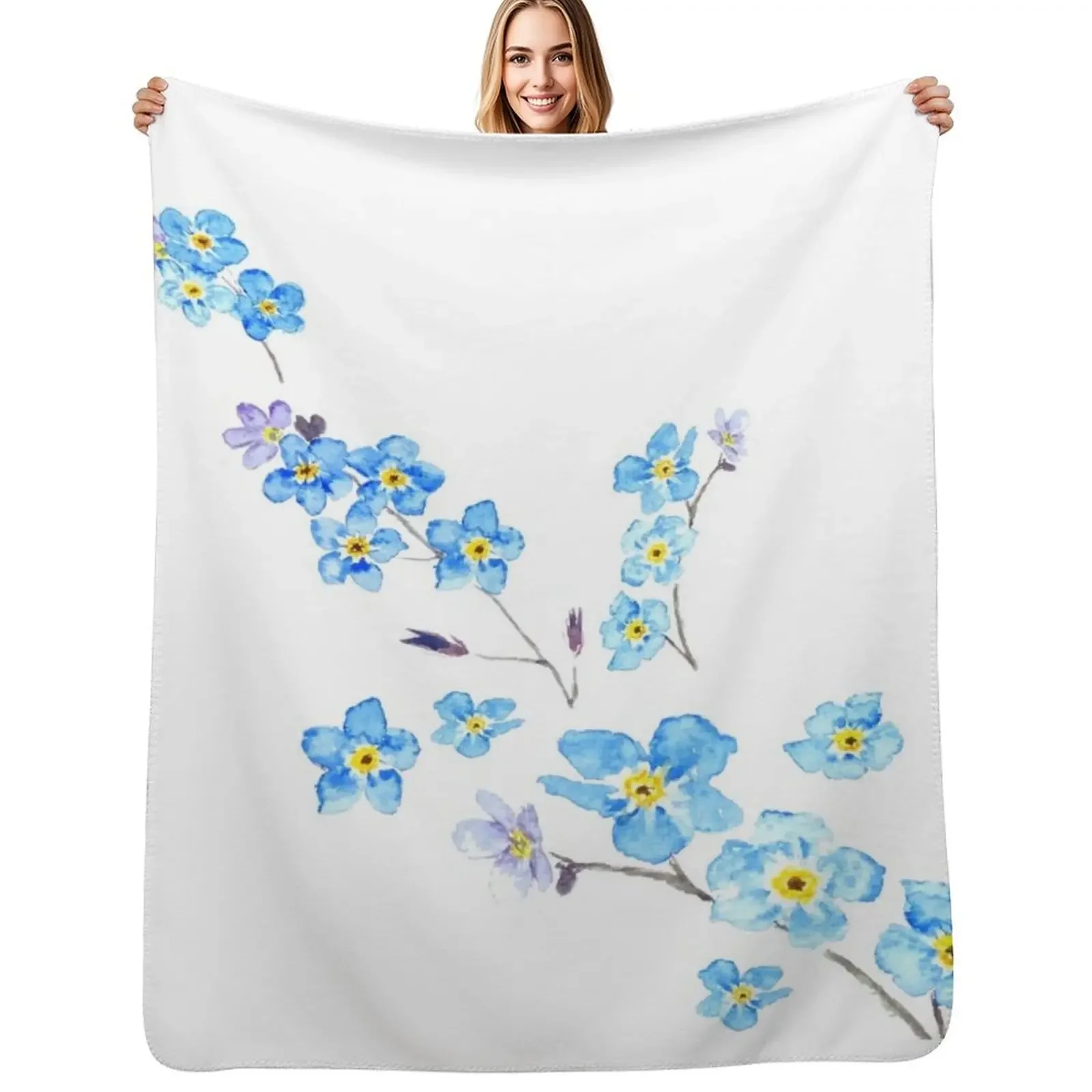 

blue forget me not watercolor painting Throw Blanket Multi-Purpose Decorative Sofas for babies Blanket