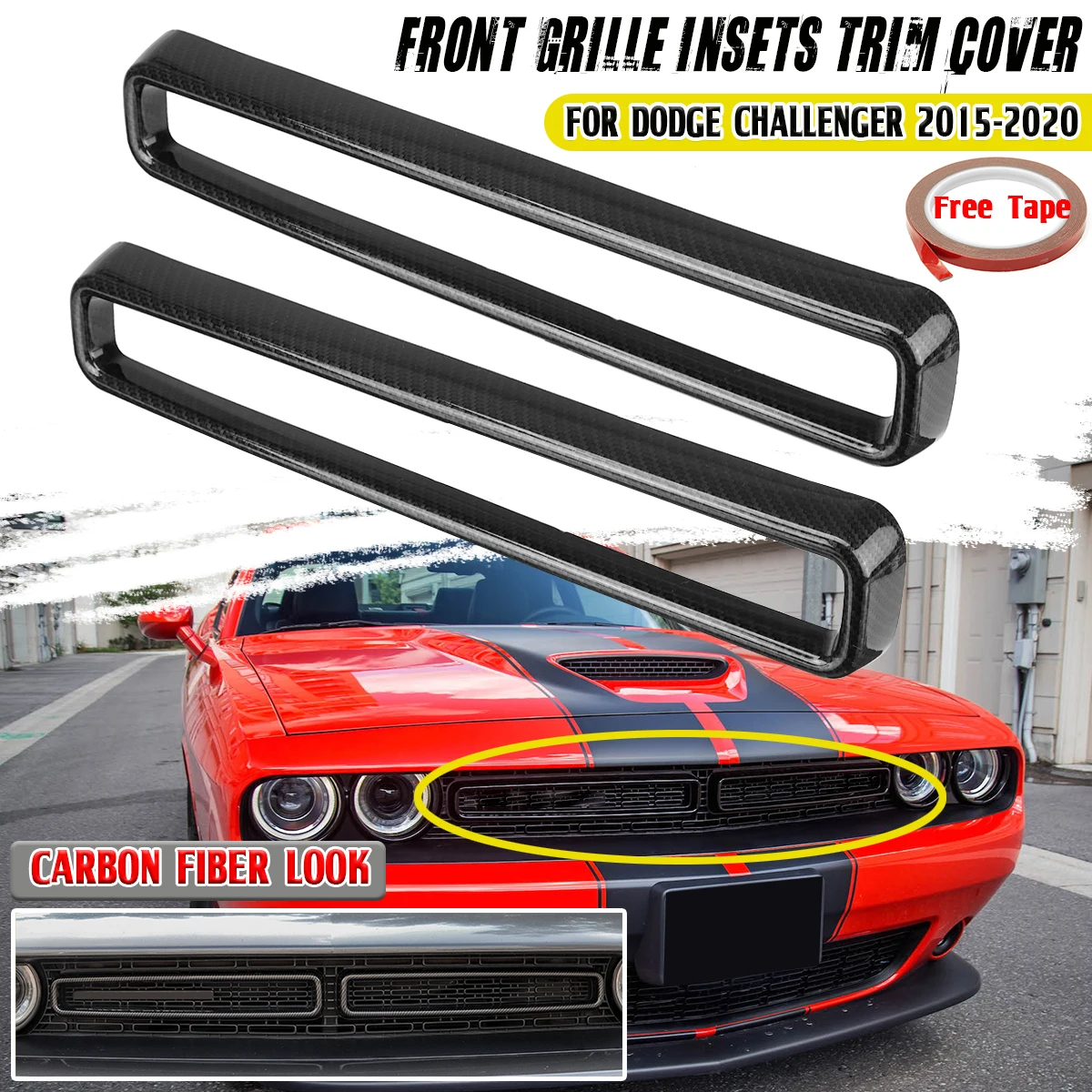 Carbon Fiber Look Front Grille Insets Trim Cover Grill Protector Prevent Scrape Abrasion Cover For Dodge Challenger 2015-2020