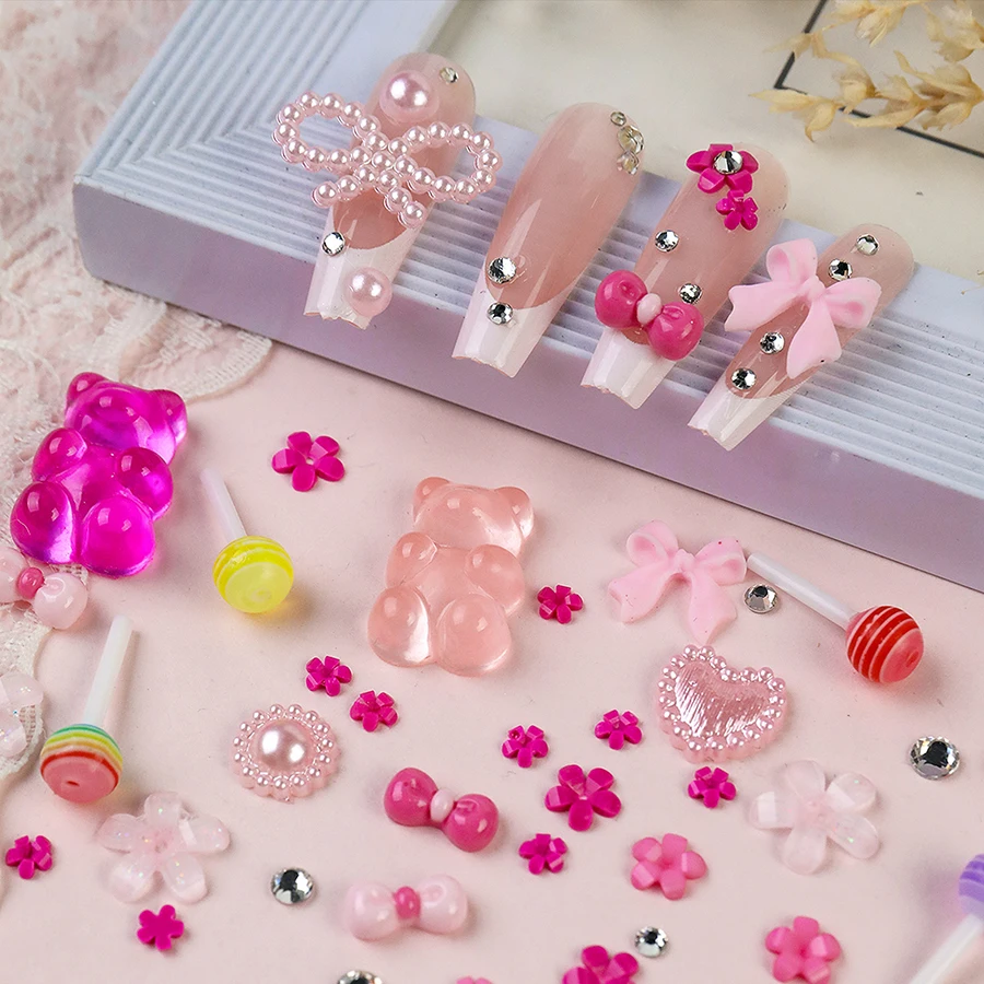 12 Grid Mixed Nail Rhinestones 3D Pearlescent Beads Ribbon Heart Charms for Nail Art Decoration