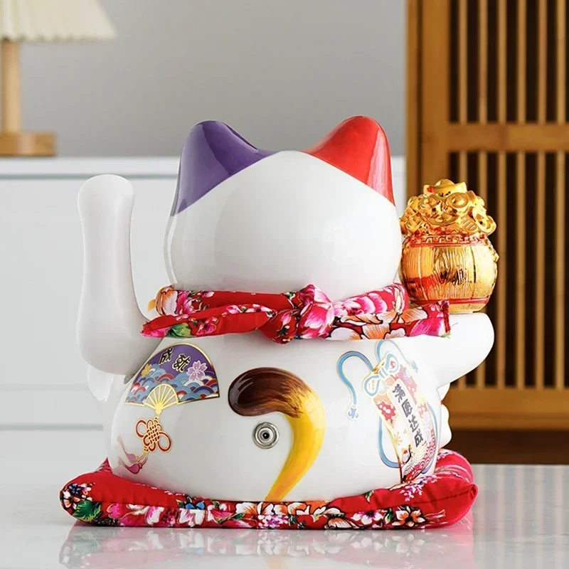 10.2 Inch Large Lucky Cat Ornaement Maneki Neko Ceramic Beckoning Cat with Movable Arm Porcelain Figurine Decoration Statue