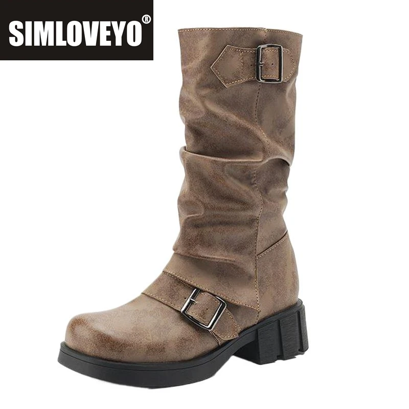 

SIMLOVEYO Винтажные женские сапоги до середины икры с круглым носком, толстый каблук 4,5 см, плиссированные слипоны, большой размер 42, 43, для отдыха, на каждый день, Bota