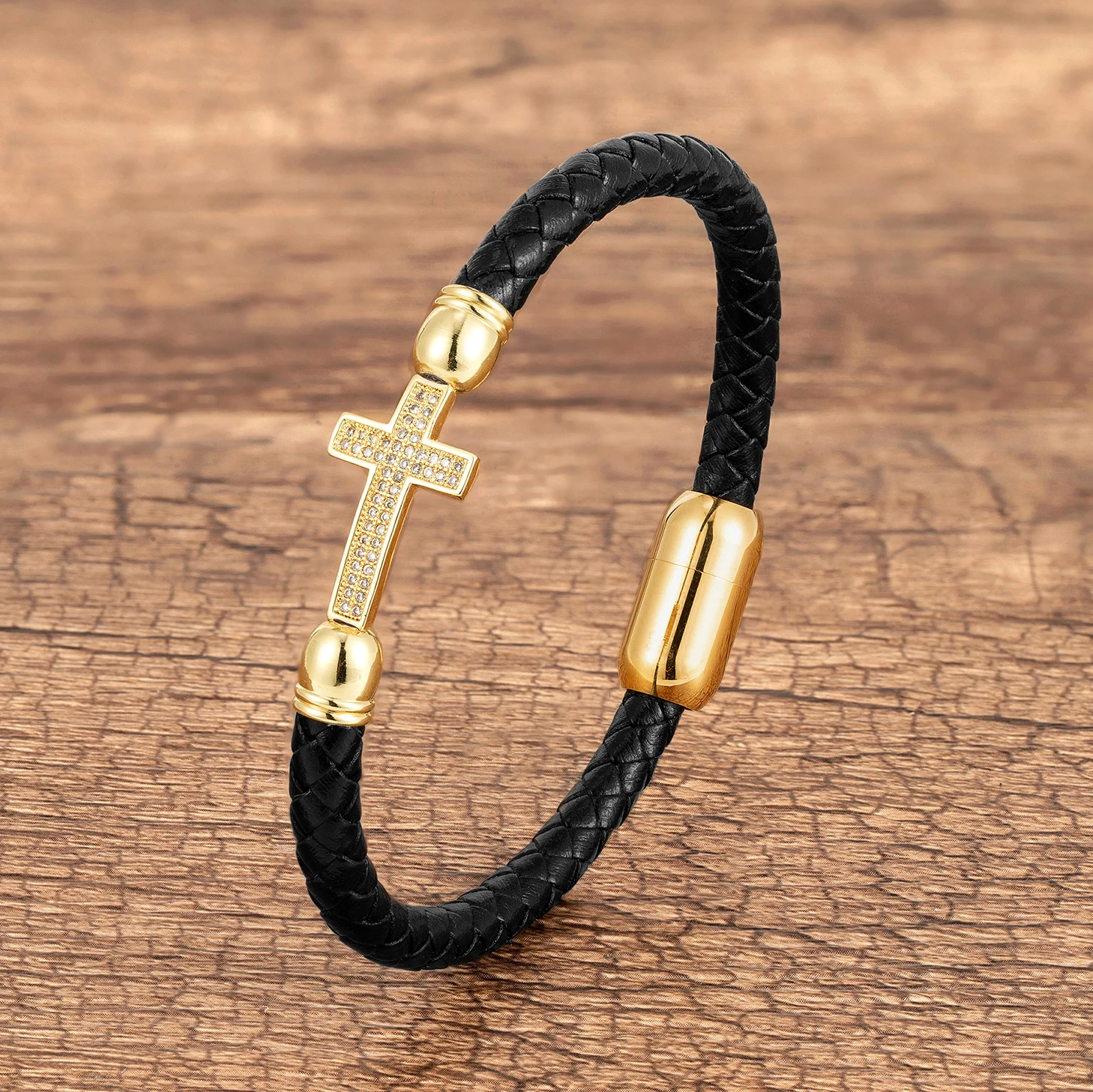 Classic Unisex Cross Zircon Bracelet Charm Man Women Genuine Leather Bangles Stainless Steel Magnetic Buckle Punk Male Jewelry