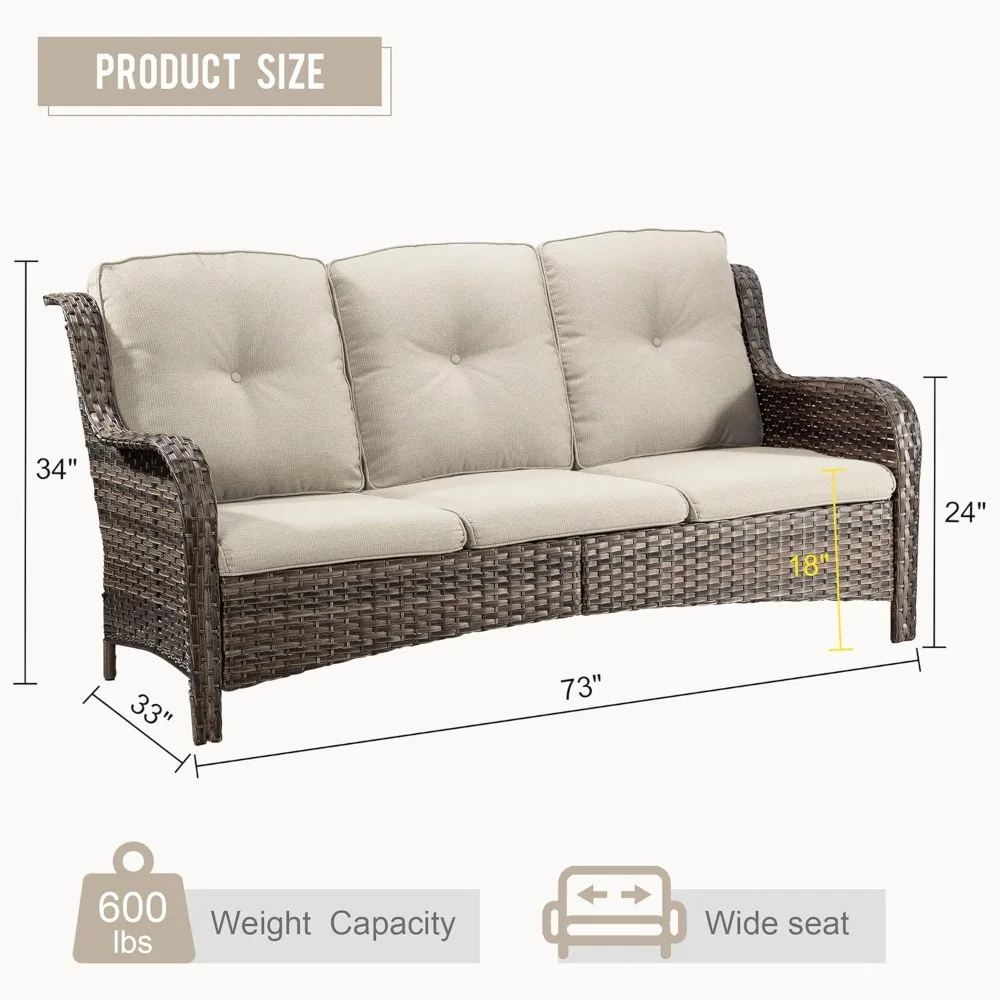 Outdoor Couch Patio Sofa 3 Seater, Wicker Sofa with Seat and Back Cushion, Lounge Couch Furniture for Porch, Backyard, Balcony,