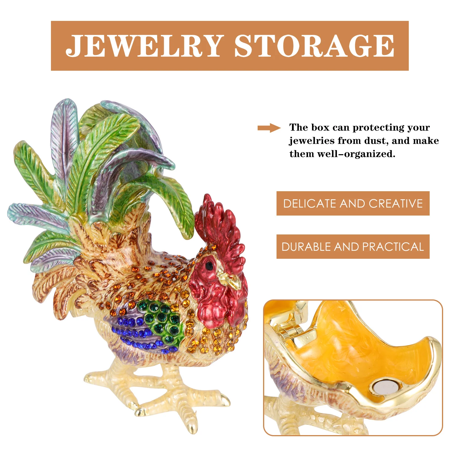 

Rooster Jewelry Box Golden Vintage Alloy Trinket Case For Necklace Ring Earring Storage Organizer Desktop