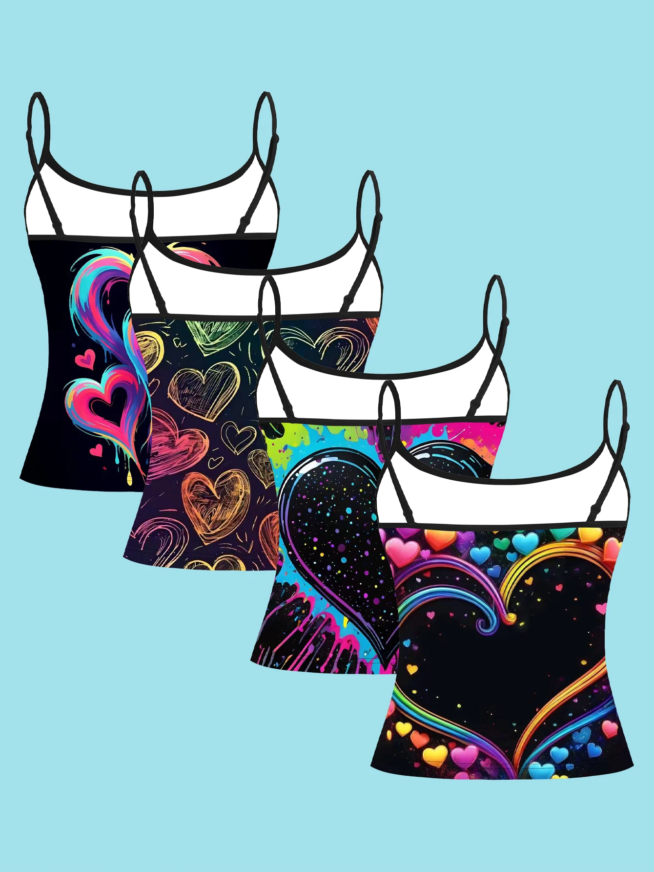 Women's 4-Piece Printed Camisole Set with Fluid Gradient Rainbow Hearts, Chalk Sketch Hand-Drawn Hearts, Splatter Paint Large Hearts, Rainbow Curve Full-Patterned Small Hearts, Slim-Fit Sleeveless Outerwear Top