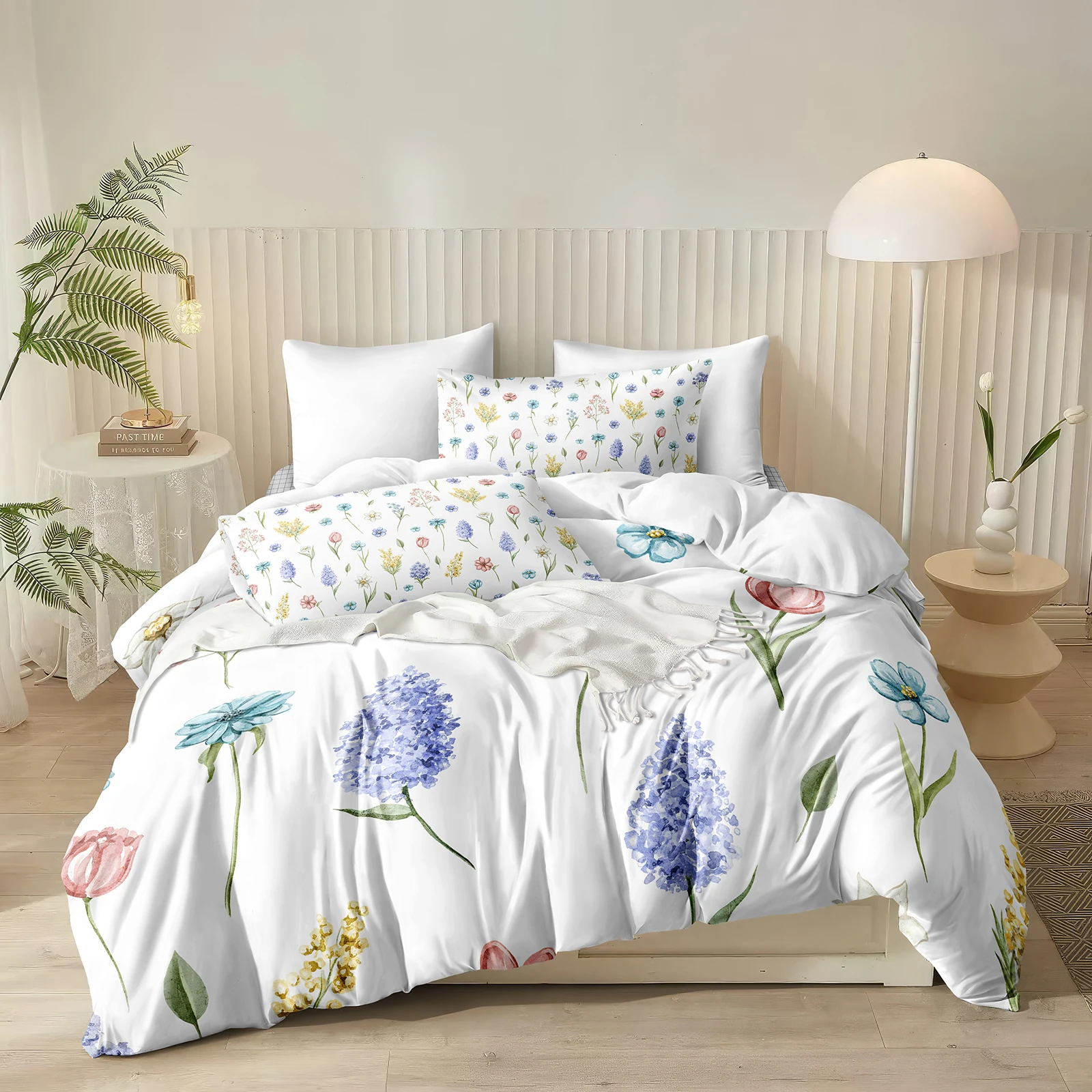 Blue Floral Duvet Cover Set Boho Botanical Bedding Set 3 Pieces Summer Pastoral Bedding Set Home Textiles