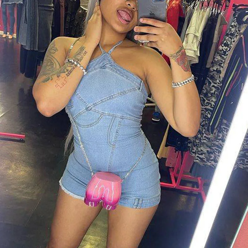 Sexy Lace-up Halter Strapless Denim Romper Women Jumpsuit Sleeveless Backless Party Club One Pieces Playsuit Combinaison Short