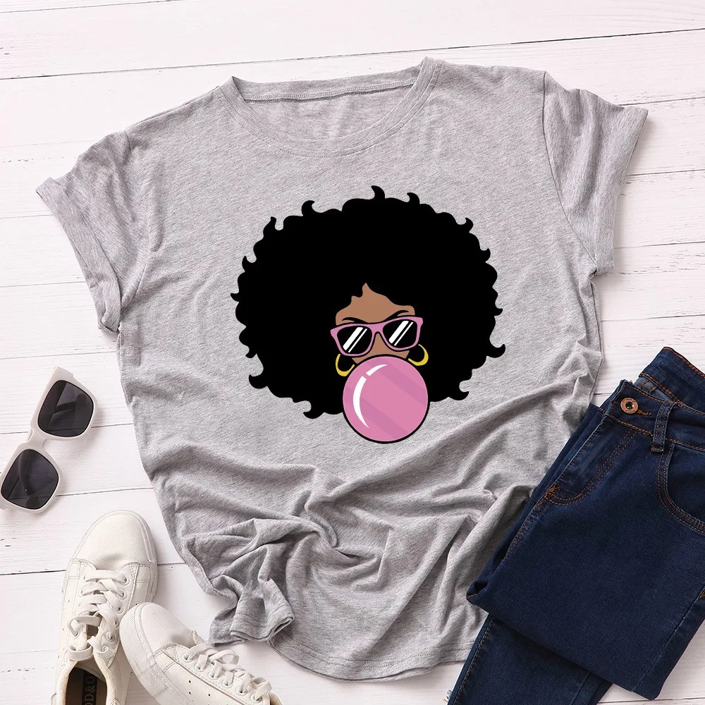 Funny Melanin T Shirt Women Cute Bubble Gum Curly Hair Black Girl Magic Print Tshirt Top Tee Summer Harajuku Ulzzang T-shirt