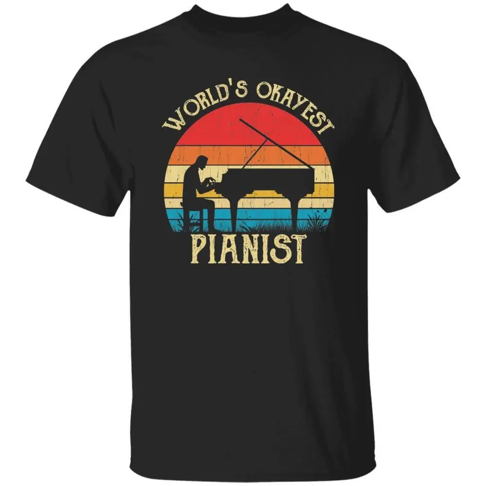 World's Okayest Pianist Retro Style Unisex T-shirt Black Navy Dark Heather High Quality 100%Cotton Short Sleeve