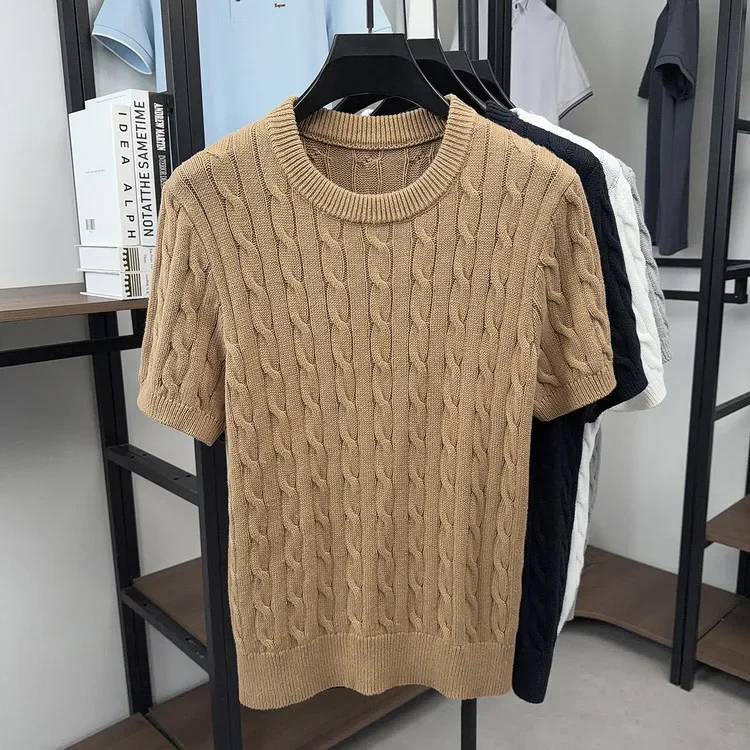 Herren-Kabelstrick-T-Shirt mit kurzen Ärmeln, 100 % Baumwolle, Rundhalsausschnitt, lässig, einfarbig, Sommer-Strick-T-Shirt – Detail 2
