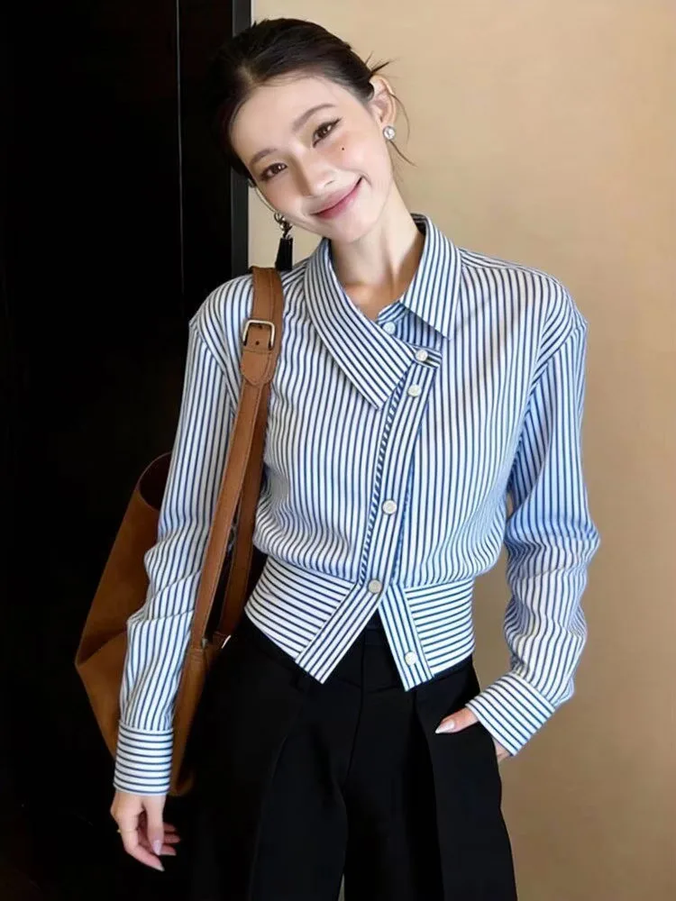 Shirts Women Elegant Striped Long Sleeve Autumn New Fashion Vintage Crop Tops French Style Chic Office Lady Blouse